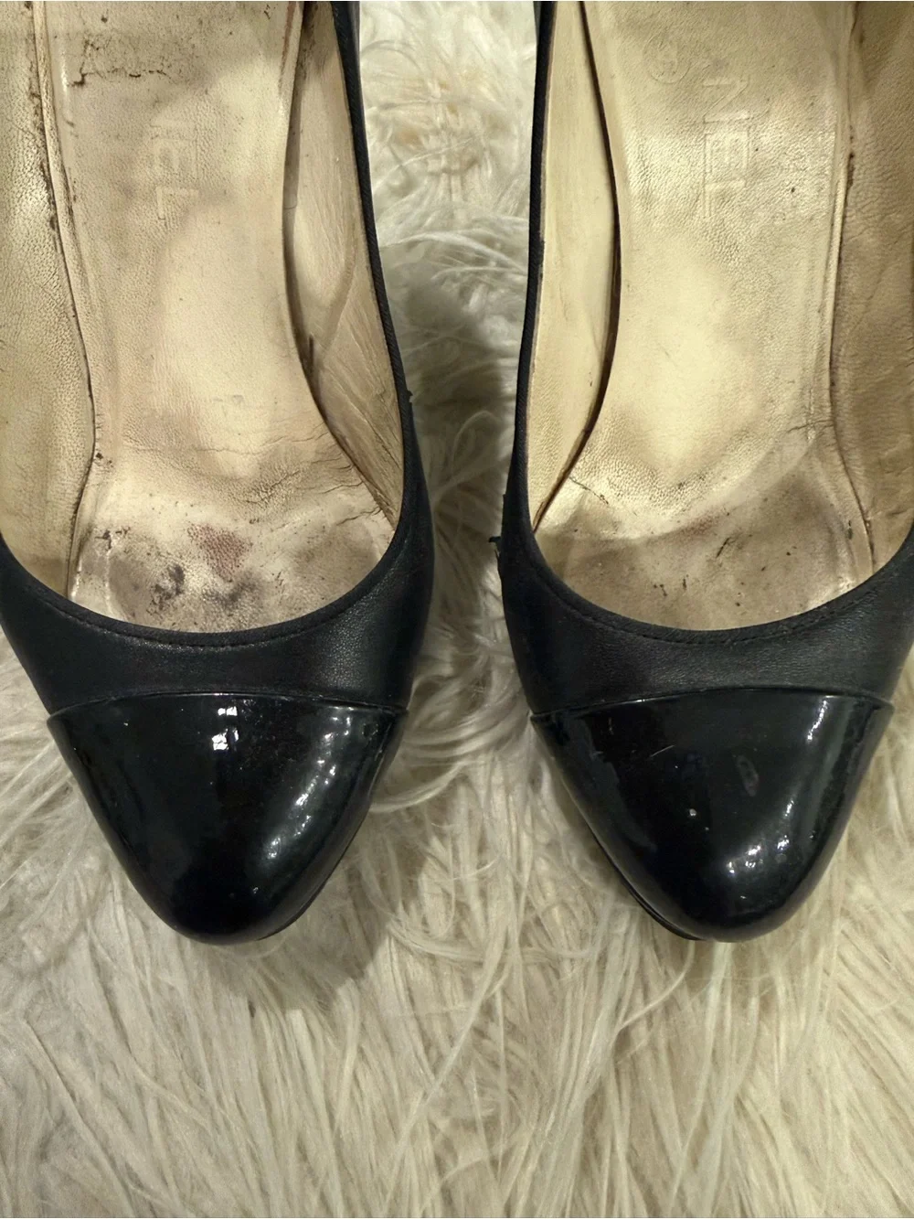 CHANEL Black Leather and Patent Cap-Toe High Heel Pumps